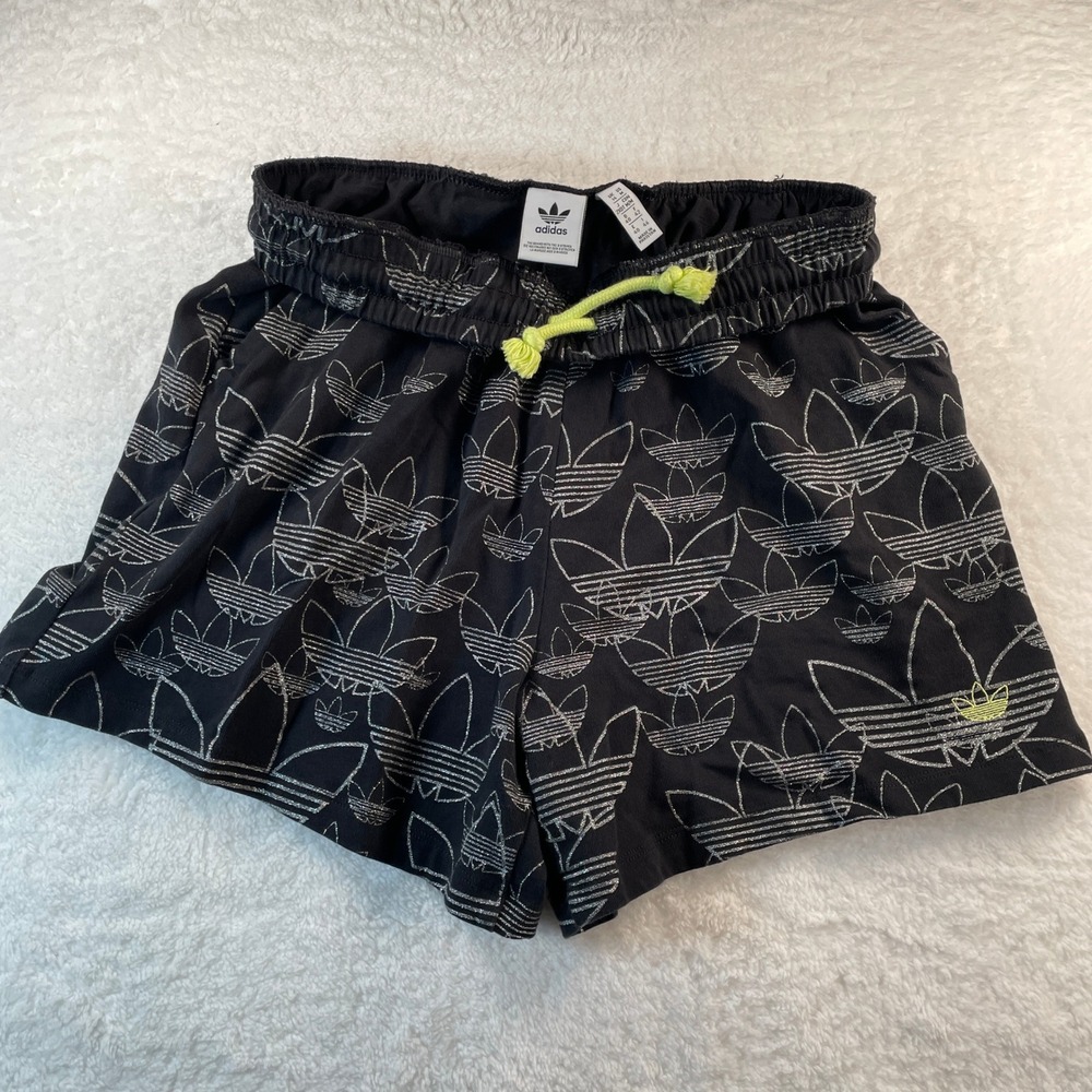 Adidas Originals Womens Black Silver Glitter Trefoil Logo Shorts Size Medium